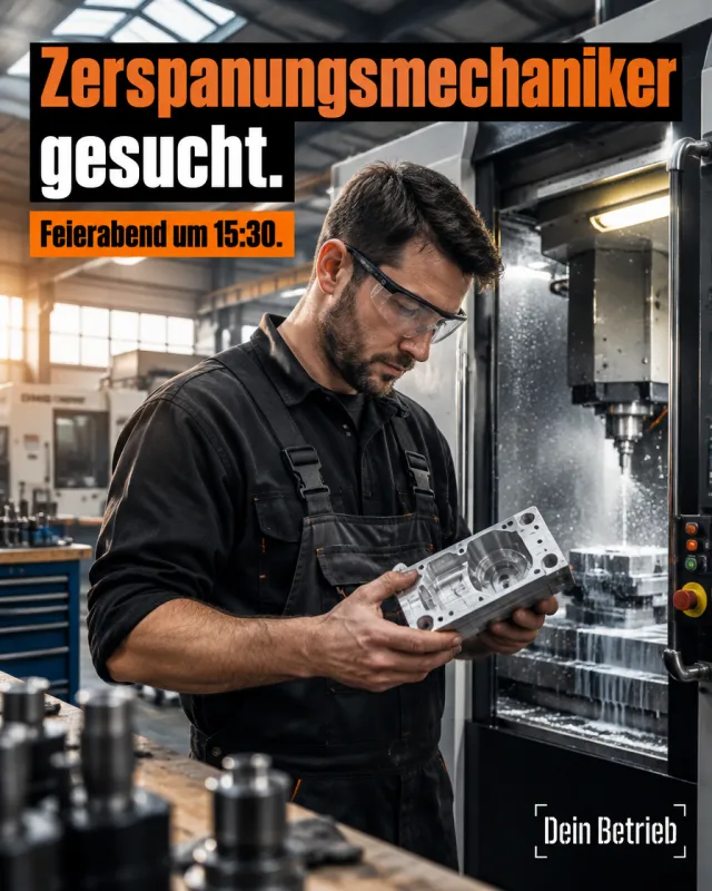 Recruiting-Post: Zerspanungsmechaniker gesucht, Feierabend um 15:30