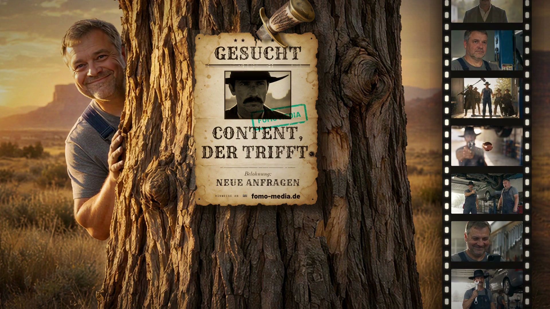 Standbild aus „Ins Blaue“: ein Steckbrief an einem Baum, daneben ein Filmstreifen