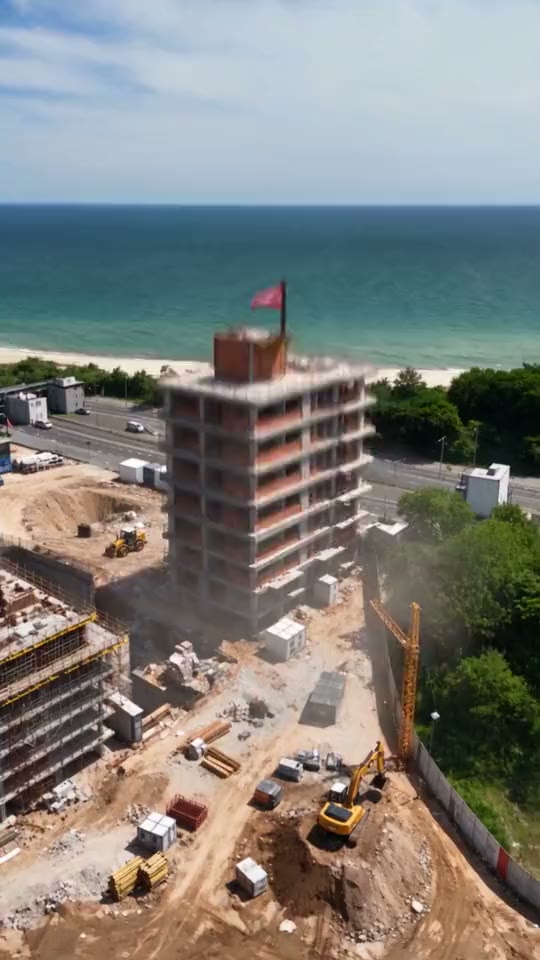 Hochformatiger Clip: Die Geschosse eines Rohbaus fallen vom Himmel aufeinander, dann fliegt die Kamera durch die Baustelle