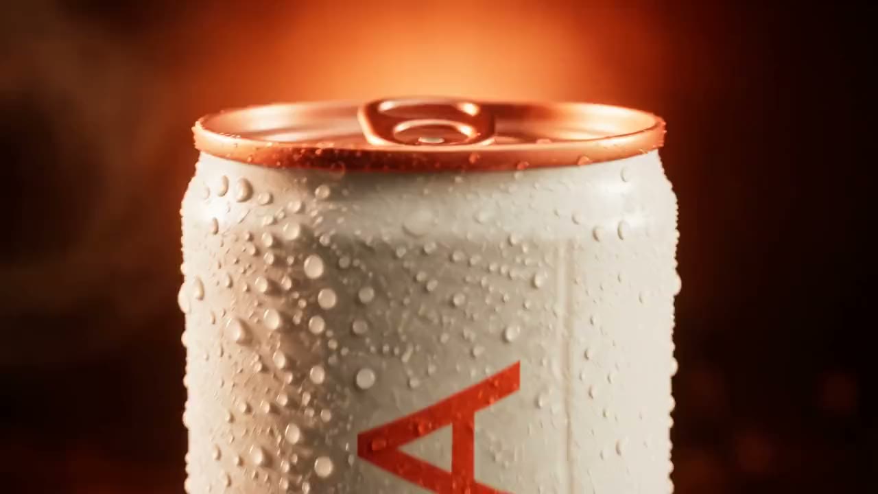 Eine beschlagene Getränkedose öffnet sich, Blutorangen fallen, am Ende steht die Dose im Spritzwasser