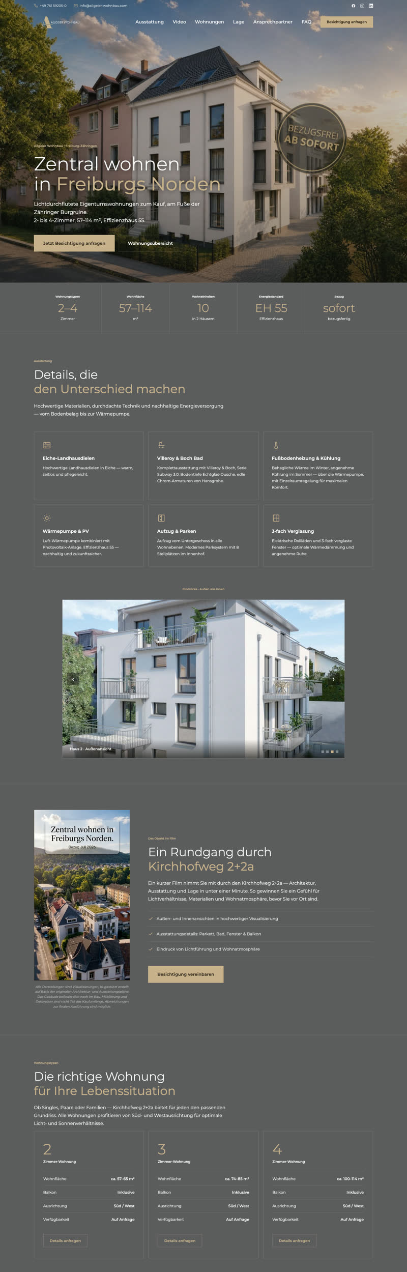 Objektseite eines Wohnbauprojekts mit Außenansicht und Eckdaten